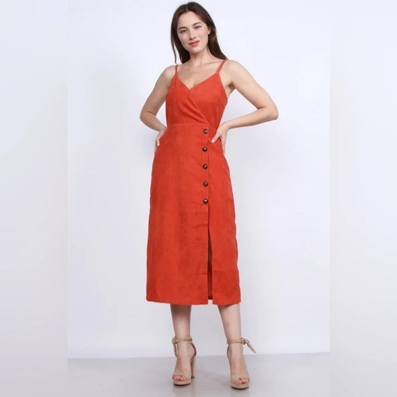 corduroy orange sleeveless button midi dress with slit - Picture 1 of 4